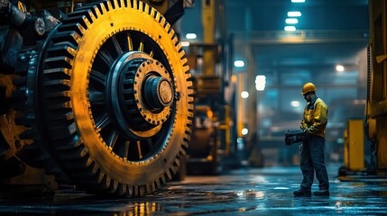 Poster - Industrial Worker Inspecting Large Gear Machinery
