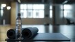 © NeuralStudio - A focused view of a water bottle on a yoga mat with a soft background. Ideal for fitness enthusiasts preparing for a workout.