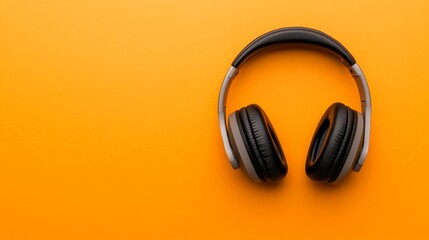 Poster - Modern wireless headphones are placed on a vibrant orange background, creating a striking visual representation of music listening, audio equipment, or personal entertainment
