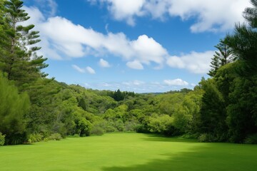 Canvas Print - A vast, open field with a clear blue sky and a beautiful forest in the background. The grass is lush and green, creating a serene and peaceful atmosphere. The sky is filled with fluffy white clouds