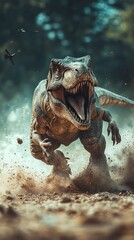 Wall Mural - Dynamic Dinosaur Charging Through Dusty Terrain in a Prehistoric Forest Adventure