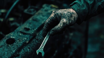 Poster - A Dirty Hand Holds a Wrench During Repair Work