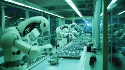 Poster - Robotic Arms Assemble Electronic Components In Factory Setting