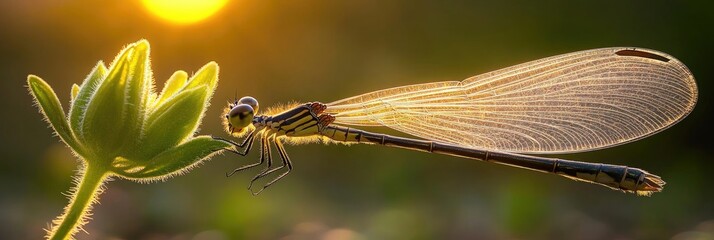 Wall Mural - Dragonfly Resting on Leaf Against a Beautiful Sunset in Its Natural Environment