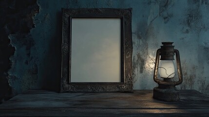 Poster - Antique Frame and Lantern on Rustic Table