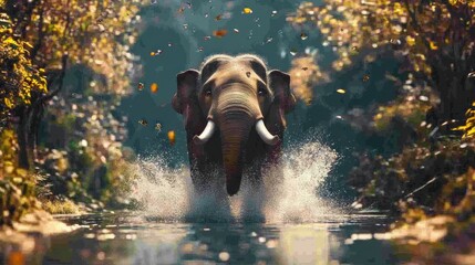 Wall Mural - Majestic Elephant Charging Through a Vibrant Forest Stream in an Autumn Scene