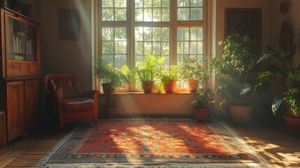 Wall Mural - Cozy living room filled with plants, decorated with a vibrant tapestry and comfortable seating