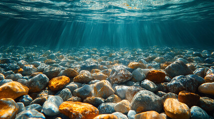 Poster - Beneath the surface of a clear lake, smooth stones reflect sunlight in tranquil waters