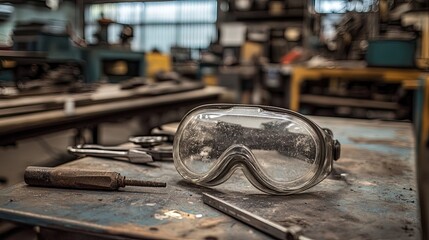 Aufkleber - Dusty Safety Glasses Resting On A Workshop Bench