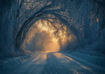 Wall Mural - Serene Winter Forest Path at Dawn with Snow-Covered Trees and Soft Glow