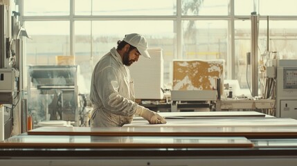 Poster - Man working diligently in a factory setting with large panels