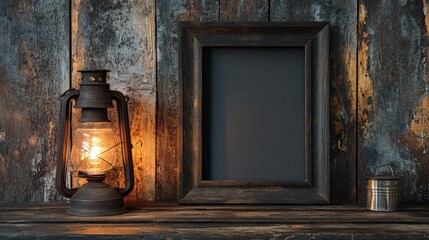 Poster - Illuminated Lantern Beside Rustic Frame and Tin