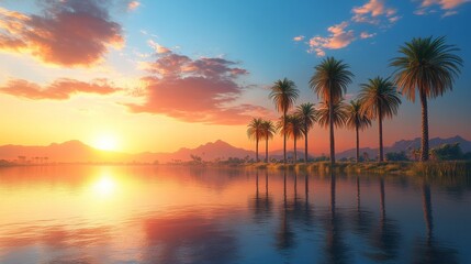 Wall Mural - Tranquil lake surrounded by palm trees and mountains under a sunny sky