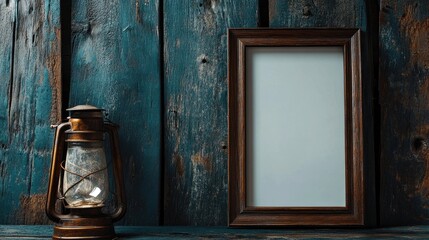 Poster - Rustic Lantern and Blank Frame Against Weathered Wood