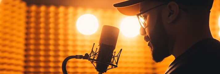 Poster - Young bearded male singer wearing glasses and a cap is recording a song in a professional studio using a studio microphone, illuminated by warm lights