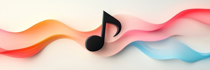 Poster - Black music note resting on vibrant, colorful abstract waves, capturing the essence of sound, melody, and musical expression in a dynamic visual composition