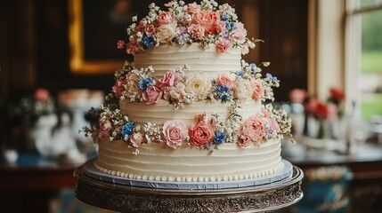 Wall Mural - Elegant three-tier wedding cake decorated with fresh roses and blooms at a beautiful reception venue