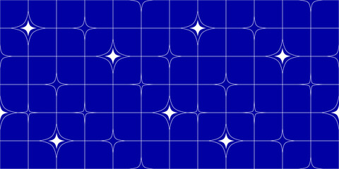 Poster - Y2K Seamless Pattern with Lines and Sparkling Stars on a Blue Background. An Abstract Simple Graphic with a Grid and Geometric Elements. A Vector Magic Galaxy Background