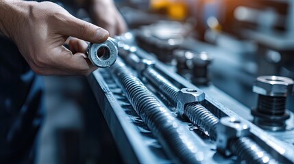 Poster - A worker inspects precision engineered metal screws and nuts