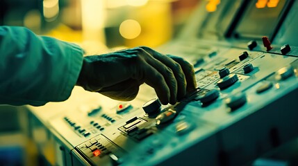 Poster - A gloved hand operates industrial machinery controls