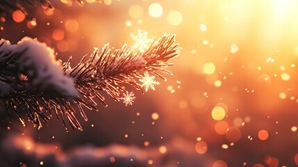 Aufkleber - Snow Covered Pine Branch With Sparkling Snowflakes At Sunset