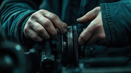 Poster - Hands Carefully Aligning Industrial Machine Gears