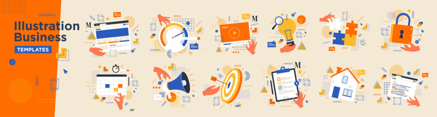 Illustration business modern : communication, marketing, seo, website