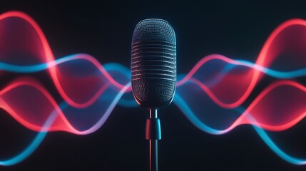 Poster - Vintage microphone stands in a dark environment, capturing colorful sound waves, representing music recording, live performance, or audio technology