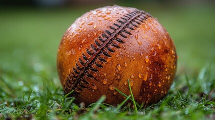 Wall Mural - Dewy baseball resting on fresh grass after a rain shower during an afternoon practice session