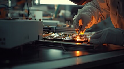 Poster - Technician soldering a circuit board in a factory