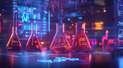 Fototapete - A futuristic chemistry concept with 3D molecular designs, digital equations, and beaker silhouettes.