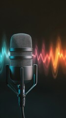 Poster - Studio microphone recording colorful sound wave, representing audio recording, music production, or voice performance in professional setting