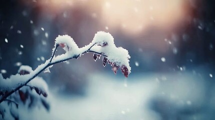 Poster - Snow covered branch with leaves in winter snowfall