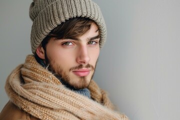 Wall Mural - Portrait of a young, handsome man wearing a beanie and scarf, posing against a light gray background