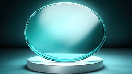 Poster - Teal Glass Circle on White Platform Display