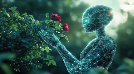 Poster - A futuristic wireframe robot with soft glowing edges, holding a vibrant rose bush, blending innovation and nature.