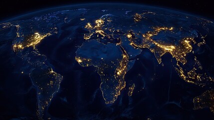 Poster - a global view of earth at night, highlighting major cities illuminated by lights and connected by in