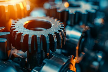 Wall Mural - Close up of interconnected gears rotating, highlighting industrial synergy and precision engineering