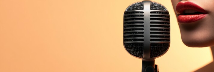 Poster - Close up of female singer with red lipstick singing into a vintage microphone, evoking a retro ambiance of musical performance and vocal artistry on an orange backdrop