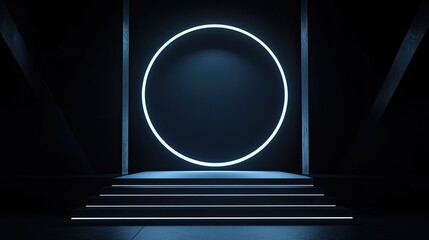 Poster - Neon Lit Steps Leading to a Circular Frame