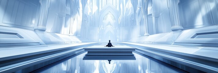 Sticker - Solitary Meditation in a Futuristic Cathedral - A Serene Moment in a Vast, Luminous Hall