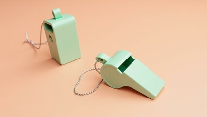 Leinwandbilder - Mint green referee whistle on right. Soft purple background. Copy space for text, 3D render AI Generated Designer Element