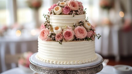 Wall Mural - Elegant three-tier wedding cake decorated with fresh roses and blooms at a beautiful reception venue