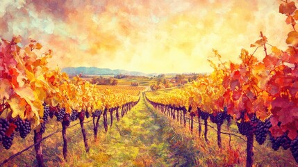 Poster - Autumnal Vineyard Landscape with Ripe Grapes