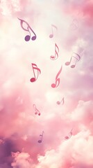 Aufkleber - Falling musical notes drift from a stunning pink cloudy sky, crafting a dreamy and inspiring atmosphere ideal for music related projects and creative expressions