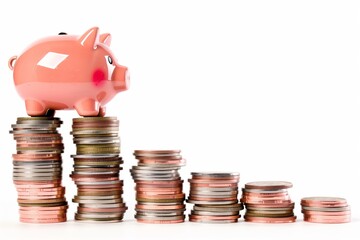 Pink piggy bank balanced on a descending stacks of coins, representing decreasing savings or financial instability