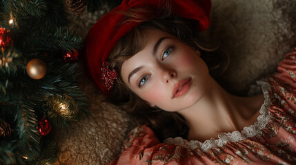 Wall Mural - Gentle holiday spirit captured with a young woman relaxing beside a Christmas tree