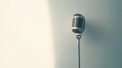 Poster - Vintage microphone stands on a stage, bathed in the spotlight, ready for a singer, speaker, or comedian to perform, evoking nostalgia and the golden age of entertainment