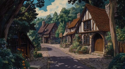 Wall Mural - Charming Village Street Scene With Stone Houses And Lush Greenery