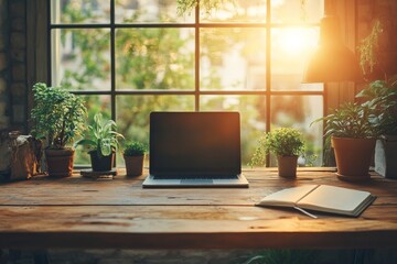 Aufkleber - Serene Home Office with Laptop and Greenery in Sunlit Room